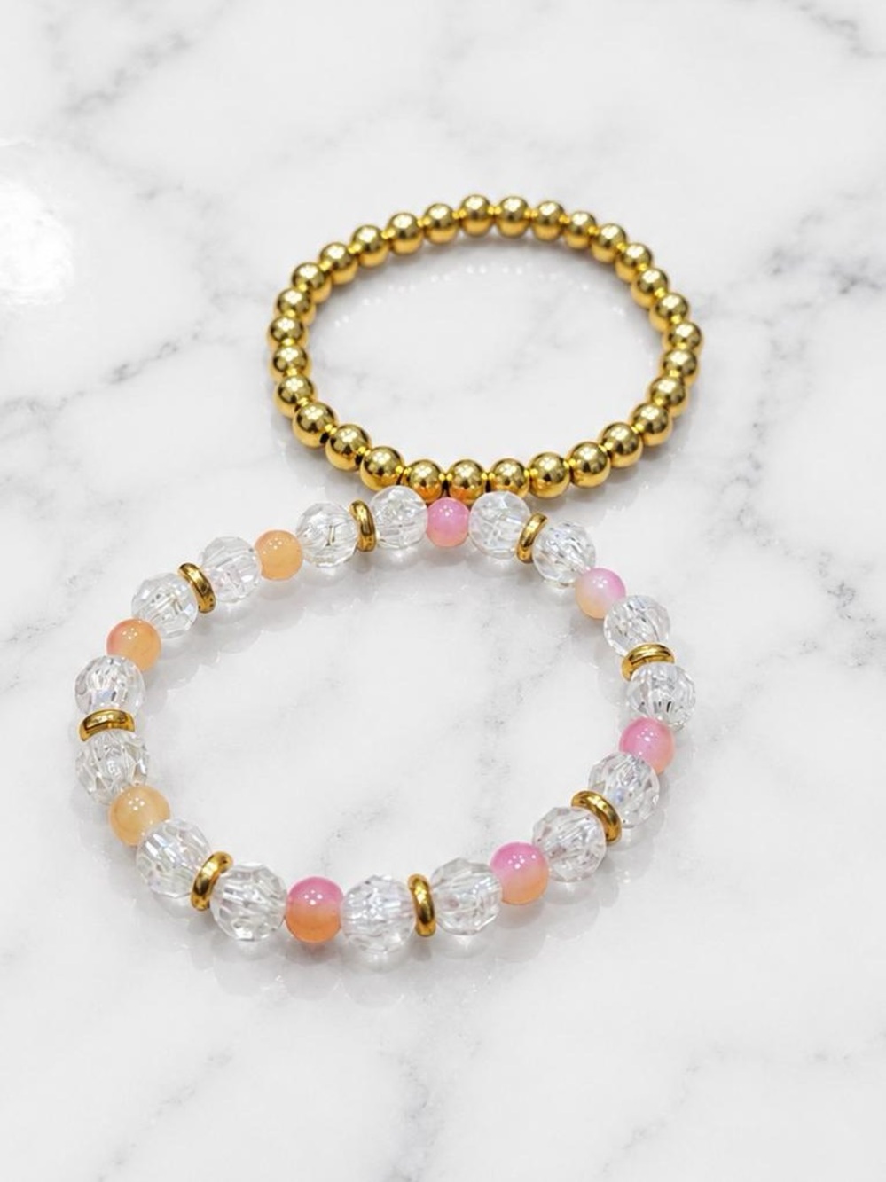 Gold & Pink Crystal Stretch Bracelet Set